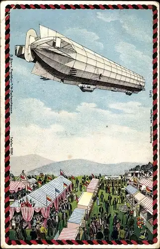 Litho Zeppelin über einem Jahrmarkt, Luftschiff