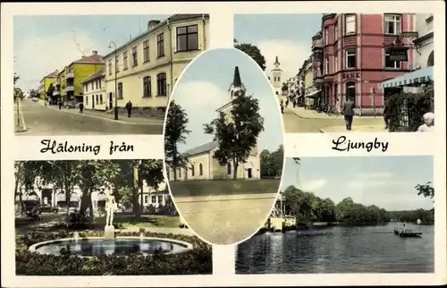 Ak Ljungby Schweden, Kirche, Straßenpartie, Bank, Brunnen, Uferpartie