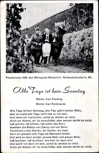 Liedkarten Ak Niederdollendorf Königswinter am Rhein, Traubenlese 1939, Weingut Brederhof