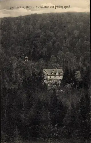 Ak Bad Sachsa in Niedersachsen, Katzenstein, Philippsgruß, Wald, Vogelperspektive