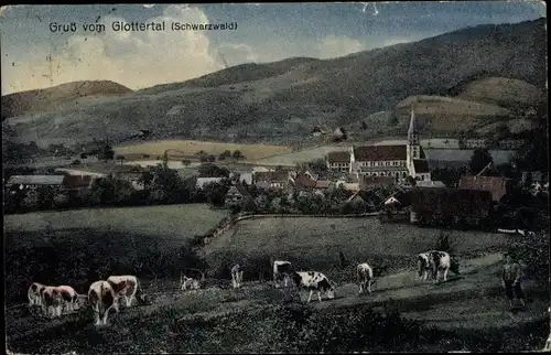 Ak Glottertal im Schwarzwald, Teilansicht vom Ort, Kirche, Kuhherde, Hügelkette