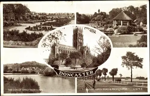 Ak Doncaster England, Elmfield Park, Don at Sprotborough, Racecourse, Parish Church, Dell