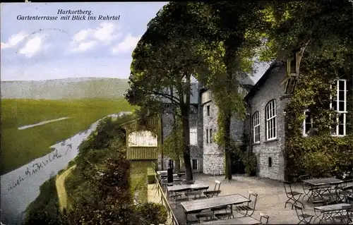 Ak Wetter an der Ruhr, Harkortberg, Hotel Schemann, Außenansicht, Gartenterasse, Blick ins Ruhrtal