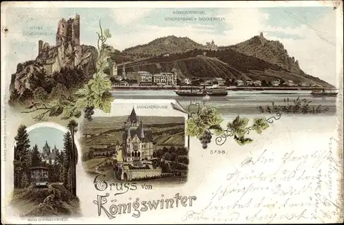 Litho Königswinter am Rhein, Ruine Drachenfels, Ortsansicht, Drachenburg, Zahnradbahn n. Drachenfels
