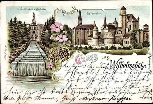 Litho Bad Wilhelmshöhe Kassel, Herkulessäule, Kaskaden, Löwenburg