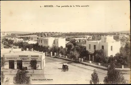 Ak Meknès Marokko, Vue partielle de la Ville nouvelle, Economat Parisien, Boulangerie de Atlas