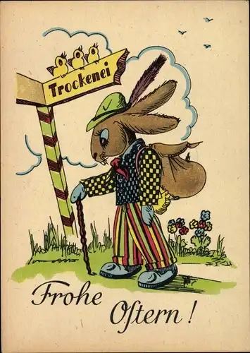 Künstler Ak Glückwunsch Ostern, Osterhase auf Wanderung