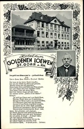 Gedicht Ak St. Goar im Rhein Hunsrück Kreis, Hotel zum Goldenen Löwen, Carl Jung, Portrait