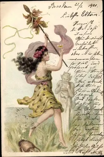 Litho Junge Frau, Satyr spielt auf der Flöte