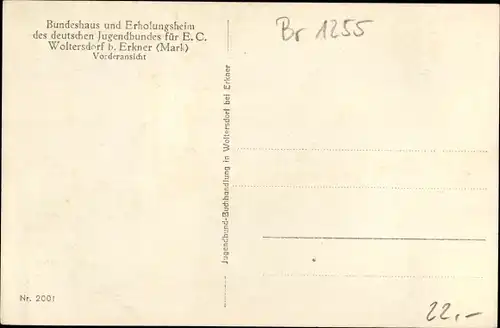 Ak Woltersdorf in Schleswig Holstein, Erholungsheim des dt. Jugendbundes für E. C., Vorderansicht