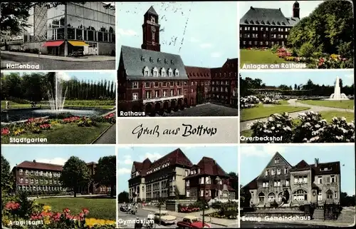 Ak Bottrop im Ruhrgebiet Nordrhein Westfalen, Overbeckshof, Rathaus, Gemeindehaus, Gymnasium