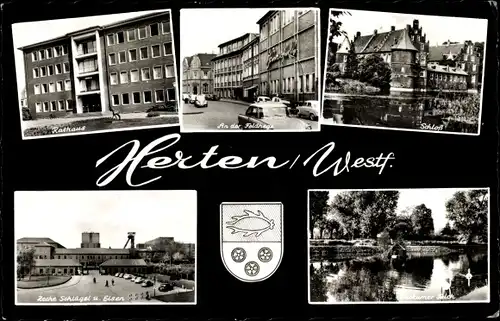 Wappen Ak Herten in Westfalen, Schloss, Rathaus, Zeche Schlägel und Eisen, Backumer Teich