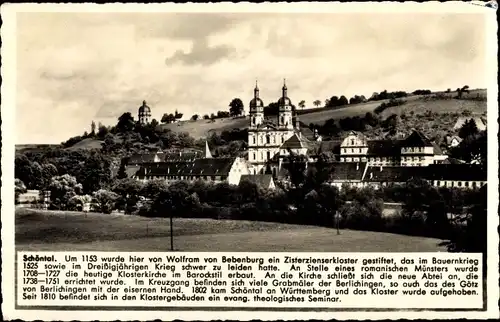 Ak Schöntal im Hohenlohekreis, Teilansicht vom Ort, Zisterzienserkloster, Kirche, Wiese, Hügel