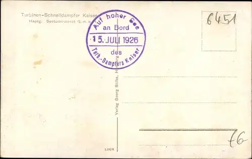 Ak Turbinen Schnelldampfer Kaiser, HAPAG Seebäderdienst