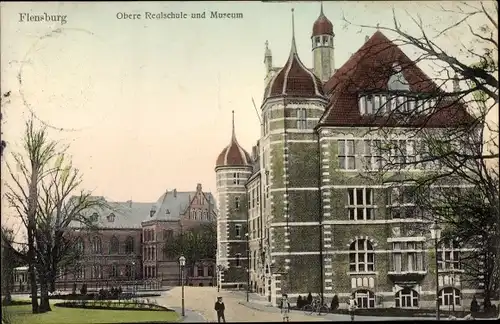 Ak Flensburg in Schleswig Holstein, Obere Realschule, Museum 