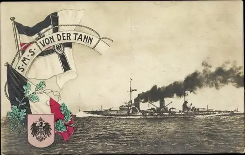 Ak Deutsches Kriegsschiff, SMS von der Tann, Kaiserliche Marine, Wappen, Flaggen