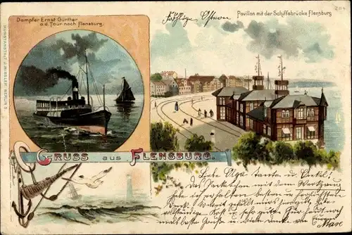 Litho Flensburg in Schleswig Holstein, Dampfer Ernst Günther, Pavillon, Schiffsbrücke