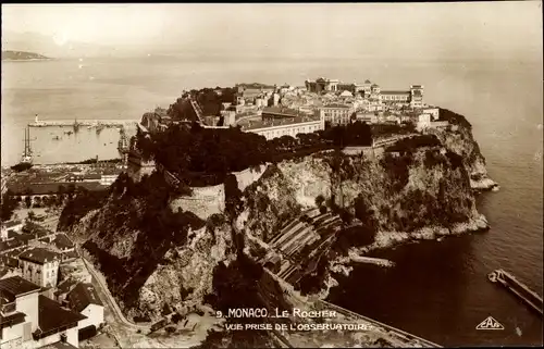 Ak Monte Carlo Monaco, Le Rocher, Vue prise de l'Observatoire