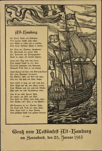 Liedkarten Ak Hamburg Mitte Altstadt, Alt Hamburg, Leo Wulff, Segelschiff, Kostümfest 25. Jan. 1913