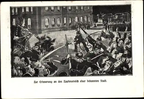 Künstler Ak Hamburg Altona, Erinnerung Zapfenstreich, Karikatur, Soldaten vertreiben Menschenmenge