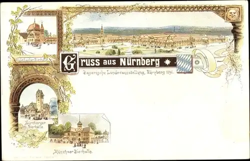 Litho Nürnberg in Mittelfranken Bayern, Bayerische Landesausstellung 1896, Bierhallen