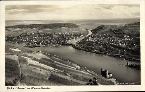 Ak Bingen am Rhein, Panorama vom Ort, Talblick v. d. Rossel, Nahe, Burgruine, Mäuseturm