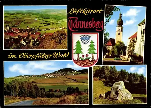 Ak Tännesberg in Bayern, Panorama vom Ort, Vogelschau, Kirche, Gedenkstein, Wappen