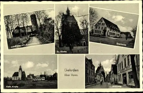Ak Gehrden Niedersachsen, Landheim, Aussichtsturm, Ev. Kirche, Sparkasse, Steinweg