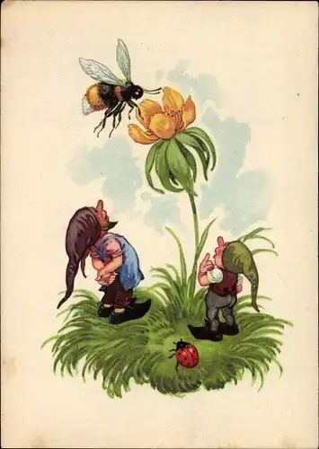 Künstler Ak Zwerge, Hummel auf einer Blume, Marienkäfer