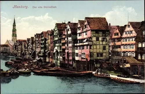 Ak Hamburg Mitte Altstadt, alte Dovenfleet, Häuserpartie, Lastenboote, Hauptkirche St. Katharinen
