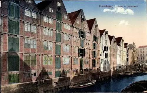 Ak Hamburg Mitte Altstadt, Fleet beim Küterwall, Häuserpartie, festgemachte Gondelboote