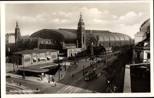 Ak Hamburg Mitte Altstadt, Hauptbahnhof, Totalansicht, Straßenbahn, Obelisk, Fremdenverkehrsverein