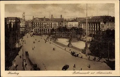 Ak Hamburg Mitte Altstadt, Rathausmarkt, Alsterarkaden, Vogelschau, Reiterstandbild, Fußgänger