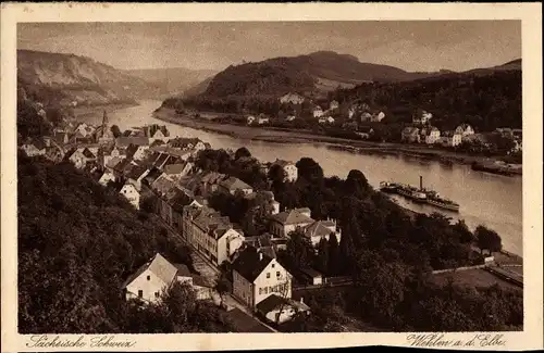Ak Wehlen an der Elbe Sachsen, Panorama vom Ort, Flussdampfer, Elbtal