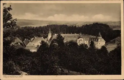 Ak Ostritz in der Oberlausitz, Kloster Marienthal, Gesamtansicht, Vogelschau, Bäume