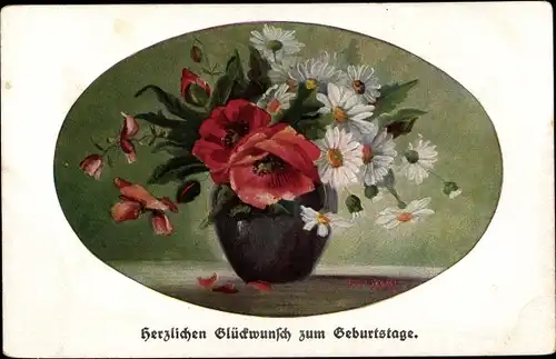 Passepartout Ak Glückwunsch Geburtstag, Blumenvase, Mohn