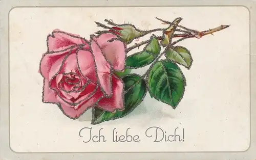 Glitzer Ak Rosenblüte, Blume, Ich liebe Dich