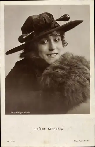 Ak Schauspielerin Leontine Kühnberg, Portrait, Hut, PH K 1391