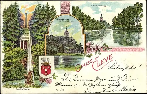 Litho Kleve am Niederrhein, Schwanenburg, Amphitheater, Schwanenturm v. Kirmesdal aus, Wappen