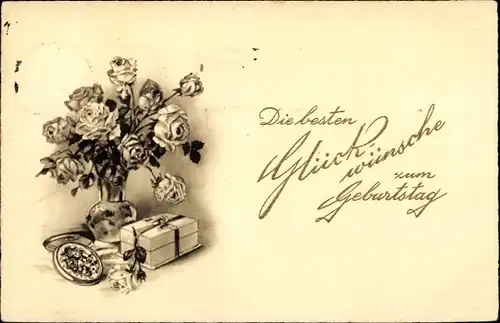 Ak Glückwunsch Geburtstag, Rosenstrauß, Geschenk, Pralinen