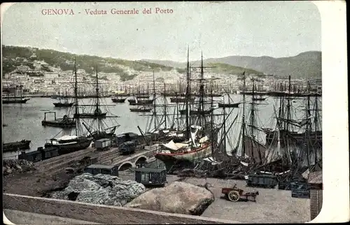 Ak Genova Genua Ligurien, Veduta Generale del Porto, navi a vela