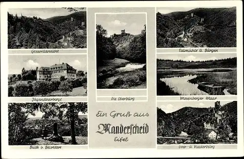 Ak Manderscheid in der Eifel Rheinland Pfalz, Ober- u. Nierderburg, Mosenberger Maar, Jugendherberge
