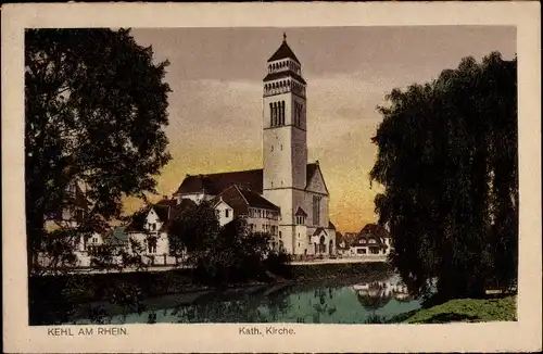 Ak Kehl am Rhein Baden Württemberg, Partie am Flussufer, Kath. Kirche