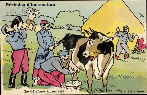 Künstler Ak Le dejeuner improvisé, französische Soldaten melken Kuh