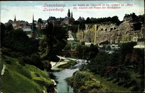 Ak Luxemburg, Die Alzette am Fuße der Bockfelsen 