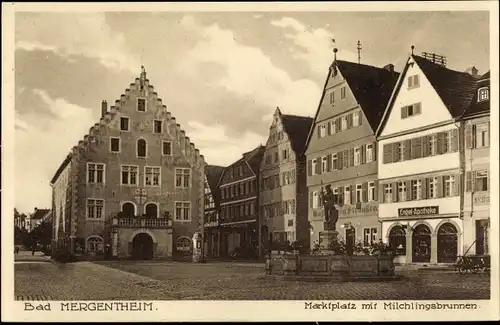 Ak Bad Mergentheim in Tauberfranken, Marktplatz, Milchlingsbrunnen, Rathaus, Engel Apotheke