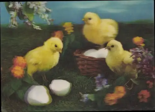 3-D Ak Glückwunsch Ostern, Küken, Eierkorb