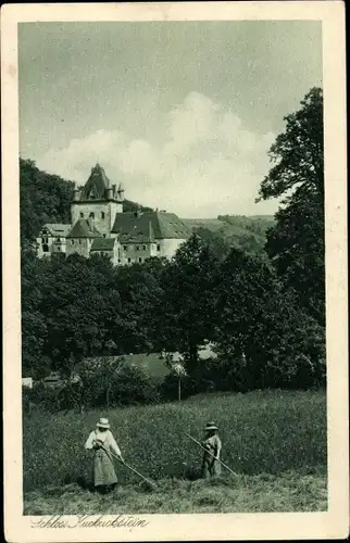 Ak Liebstadt im Erzgebirge, Schloss Kuckuckstein, Heuernte