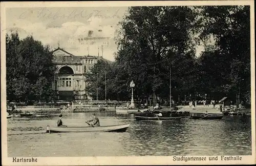 Ak Karlsruhe in Baden Württemberg, Stadtgartensee u. Festhalle, Ruderboote