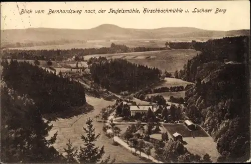 Ak Kreischa im Erzgebirge, Teufelsmühle, Hirschbachmühle, Luchaer Berg, Blick vom Bernhardsweg
